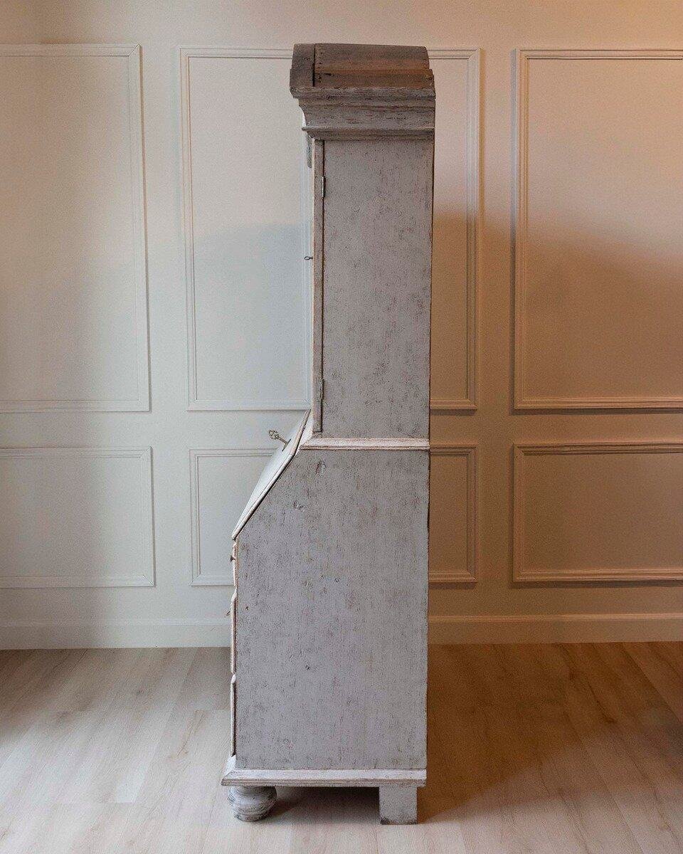 Swedish Rococo Style Chapeau de Gendarme 1820s Gray Painted Tall Secretary - JAA