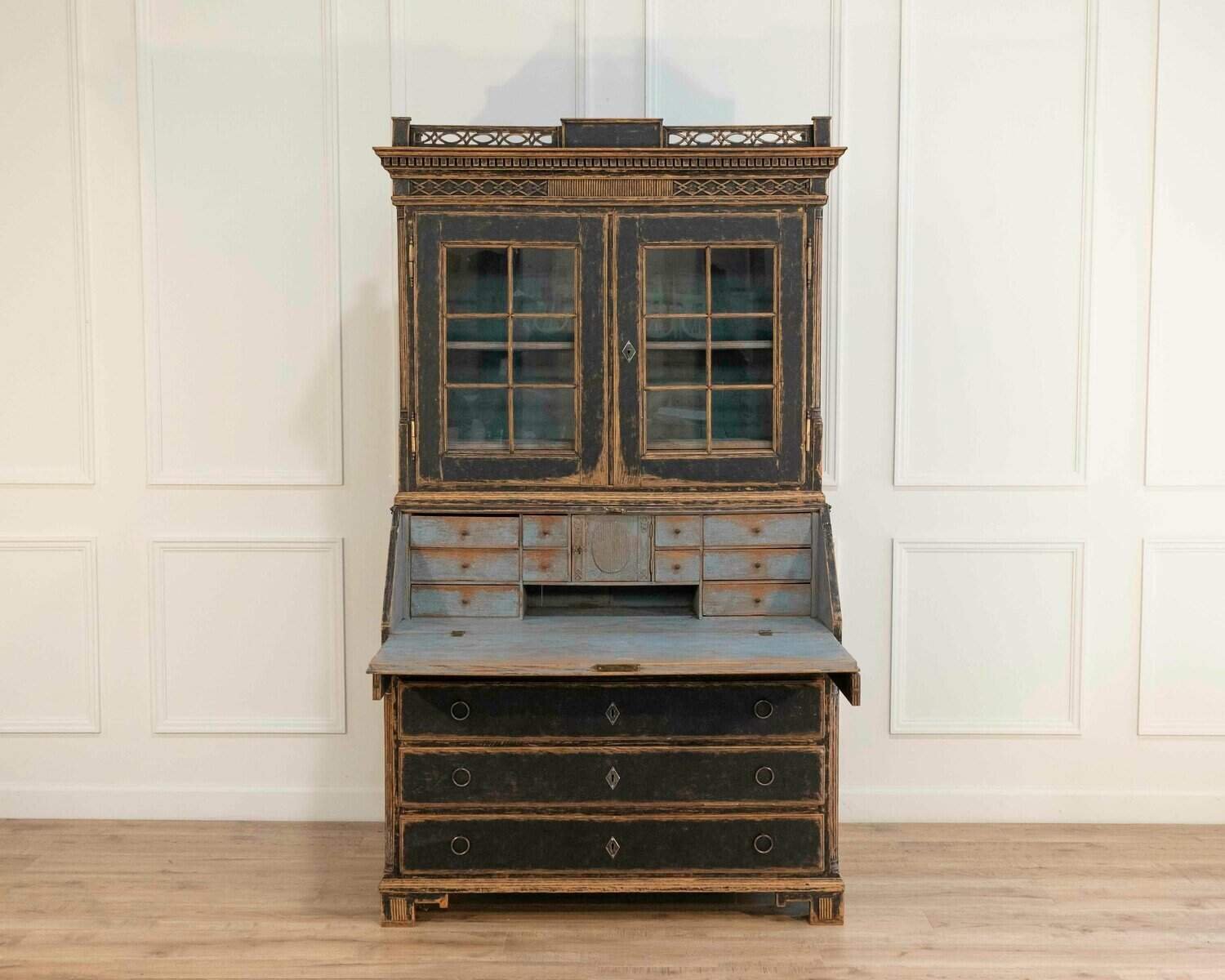 Louis XVI–Style Secretary with Glass Doors, Repainted Black, Blue Interior - JAA