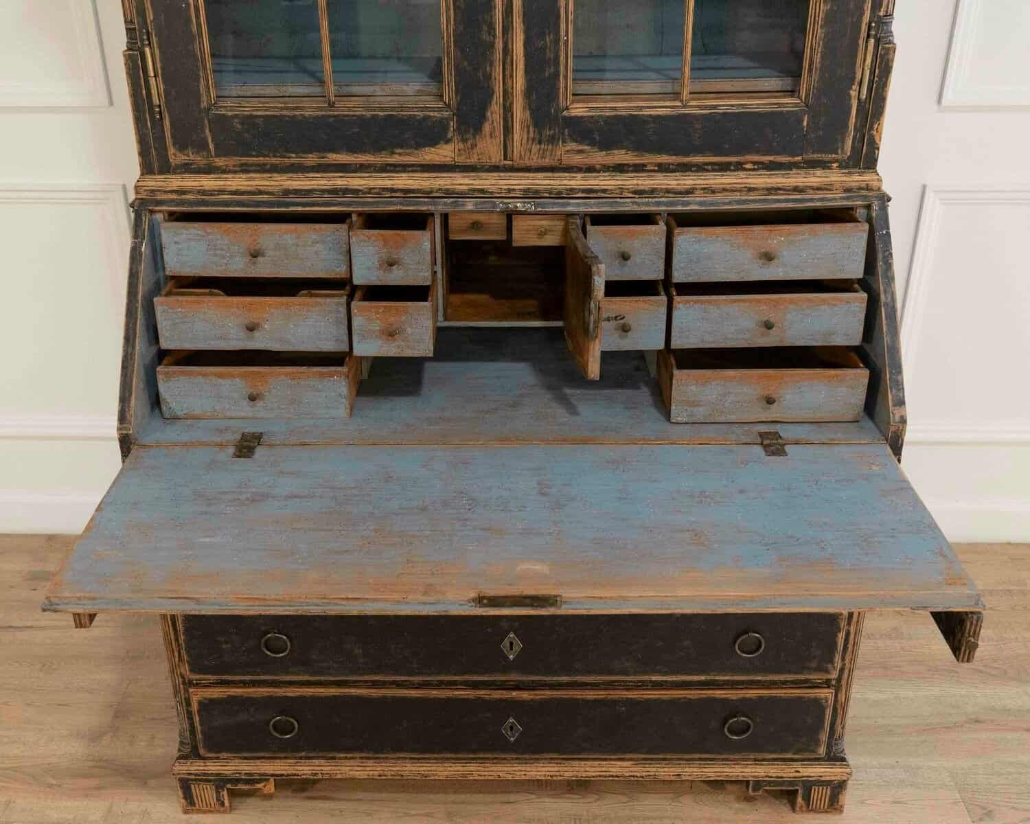 Louis XVI–Style Secretary with Glass Doors, Repainted Black, Blue Interior - JAA