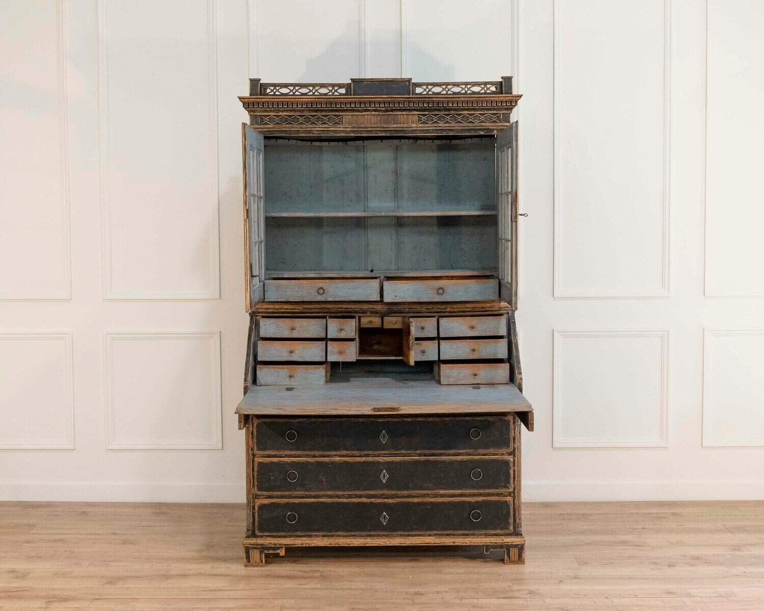 Louis XVI–Style Secretary with Glass Doors, Repainted Black, Blue Interior - JAA