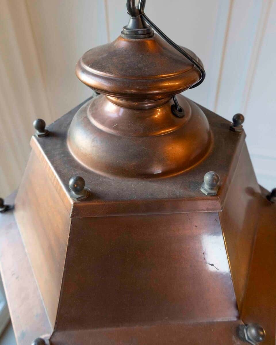 Pair of French Copper Three-Light Hexagonal Lanterns with Glass Panels, US Wired - JAA