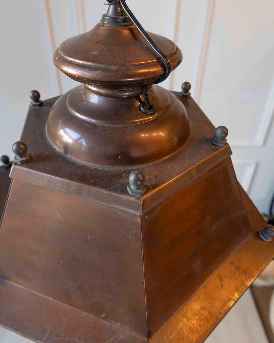 Pair of French Copper Three-Light Hexagonal Lanterns with Glass Panels, US Wired - JAA