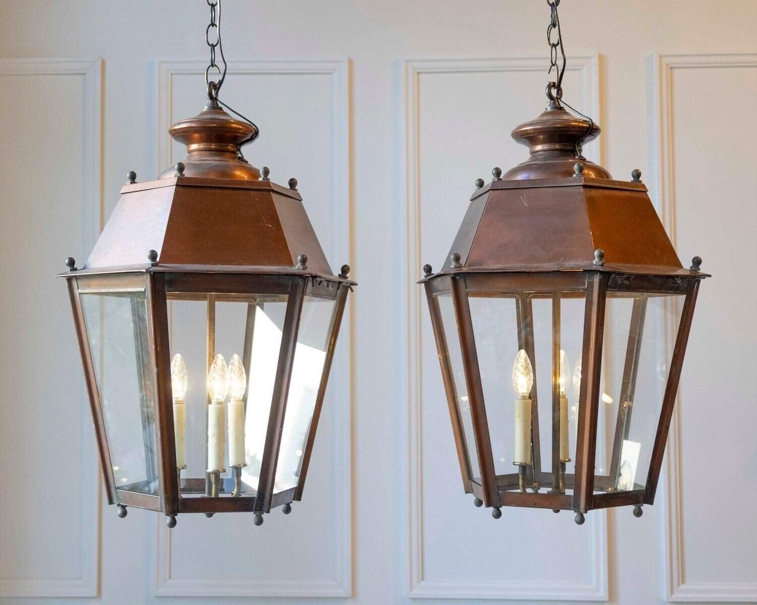 Pair of French Copper Three-Light Hexagonal Lanterns with Glass Panels, US Wired - JAA