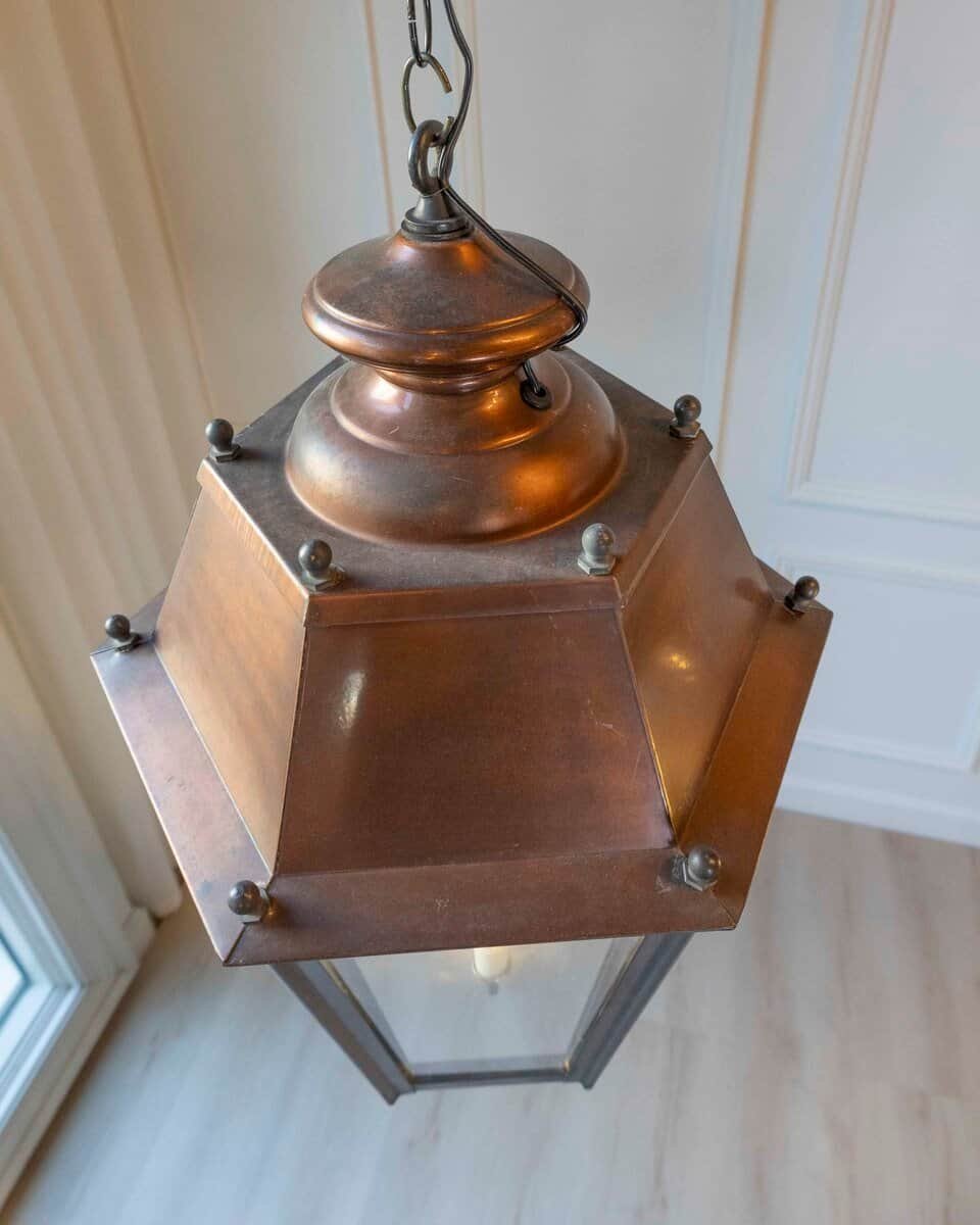 Pair of French Copper Three-Light Hexagonal Lanterns with Glass Panels, US Wired - JAA