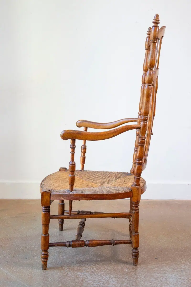 Rustic French 1890s Cherry Wood Armchair with Rush Seat and Sheaf Back - JAA