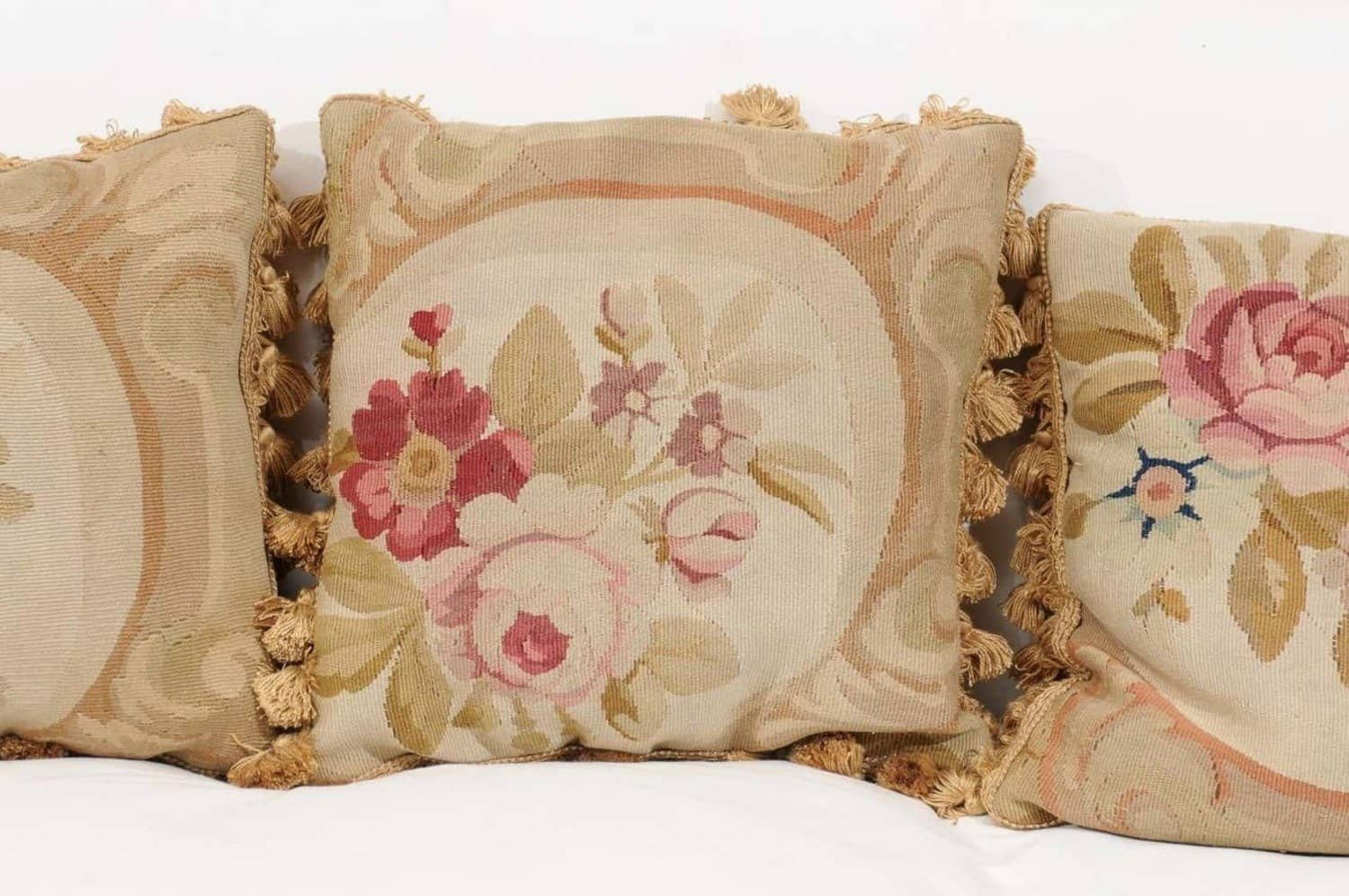 French 19th Century Aubusson Woven Tapestry Pillow with Roses and Tassels - JAA