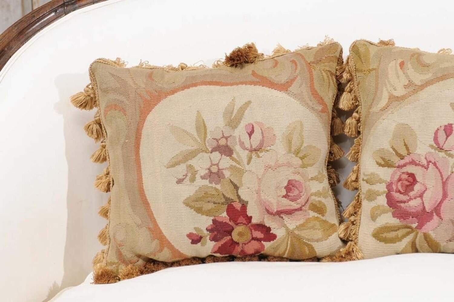 French 19th Century Aubusson Woven Tapestry Pillow with Roses and Tassels - JAA