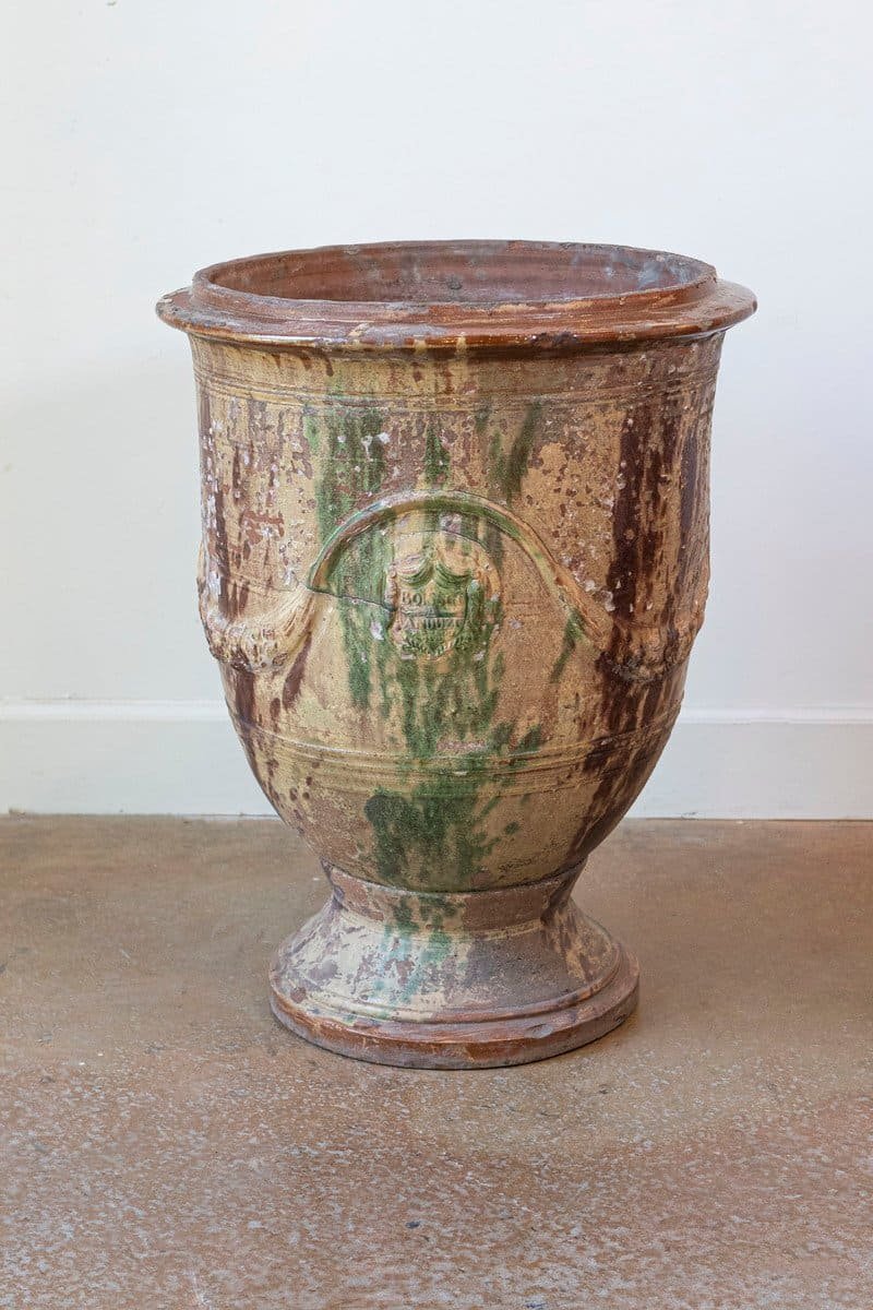 Large French 19th Century Boisset Anduze Jar with Brown, Green Glaze and Swags - JAA