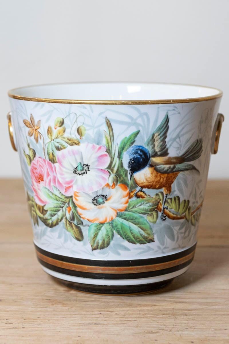 Pair of French 19th Century Paris Porcelain Cachepots Planters with Bird Motifs - JAA