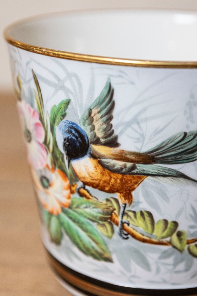 Pair of French 19th Century Paris Porcelain Cachepots Planters with Bird Motifs - JAA