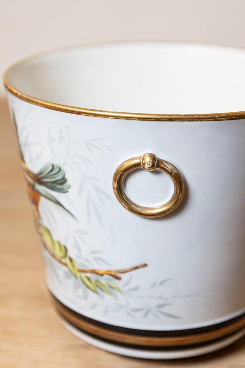 Pair of French 19th Century Paris Porcelain Cachepots Planters with Bird Motifs - JAA