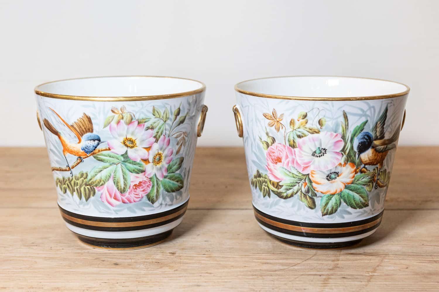 Pair of French 19th Century Paris Porcelain Cachepots Planters with Bird Motifs - JAA