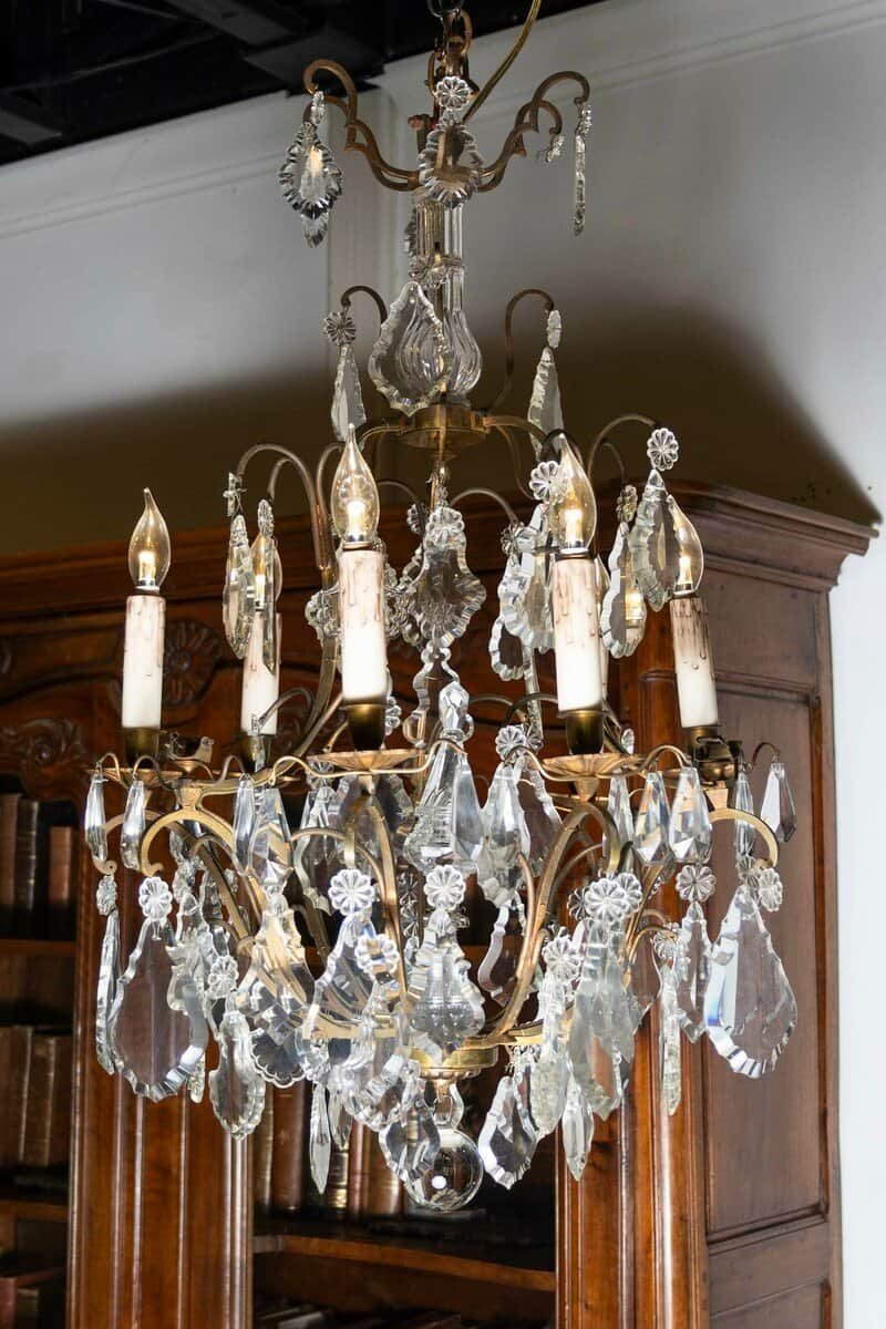 Italian Crystal and Bronze Six-Light Chandelier with Obelisk and Pendeloques - JAA