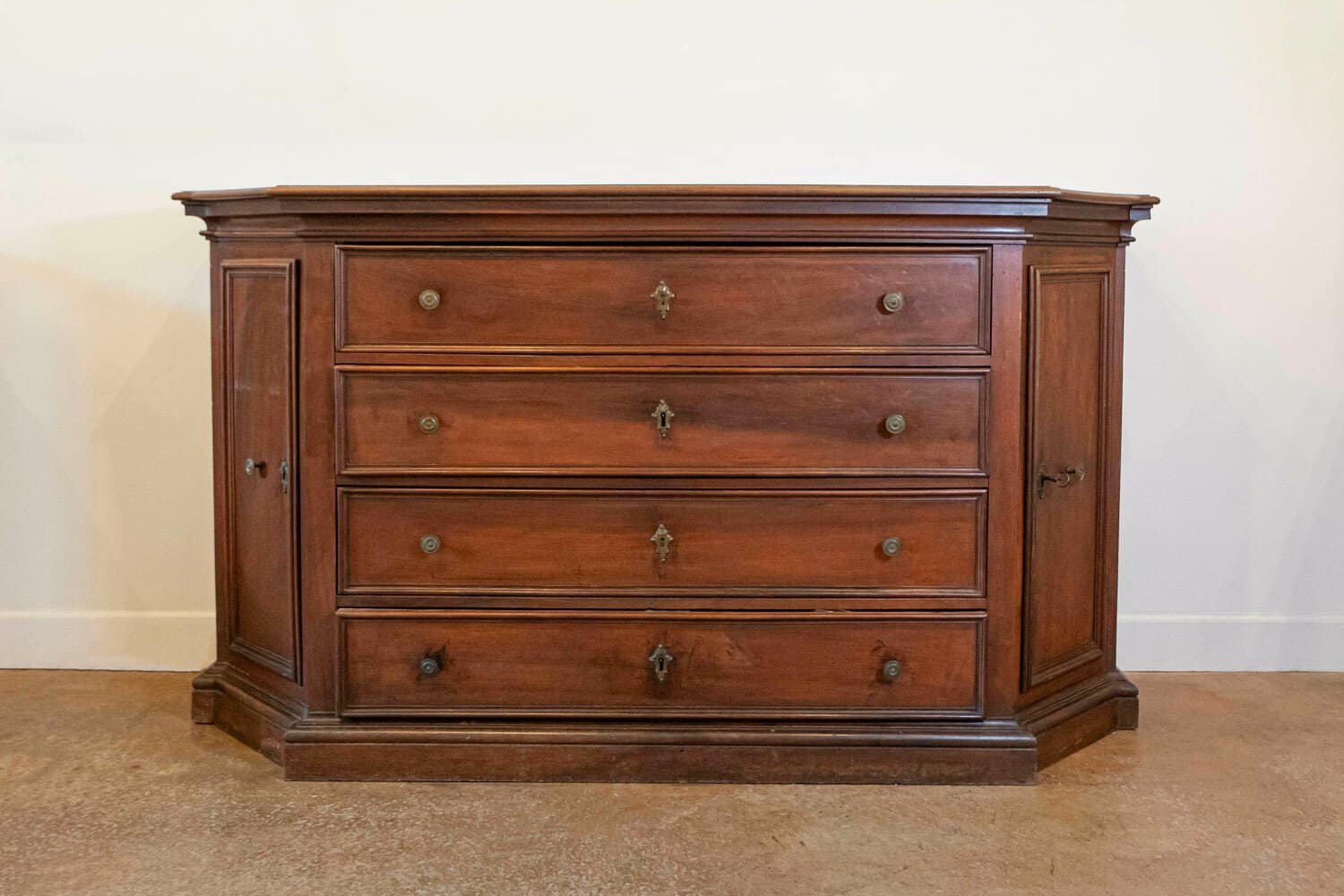 Italian 17th Century Walnut Dresser with Four Drawers and Canted Lateral Doors - PAIR AVAILABLE - JAA