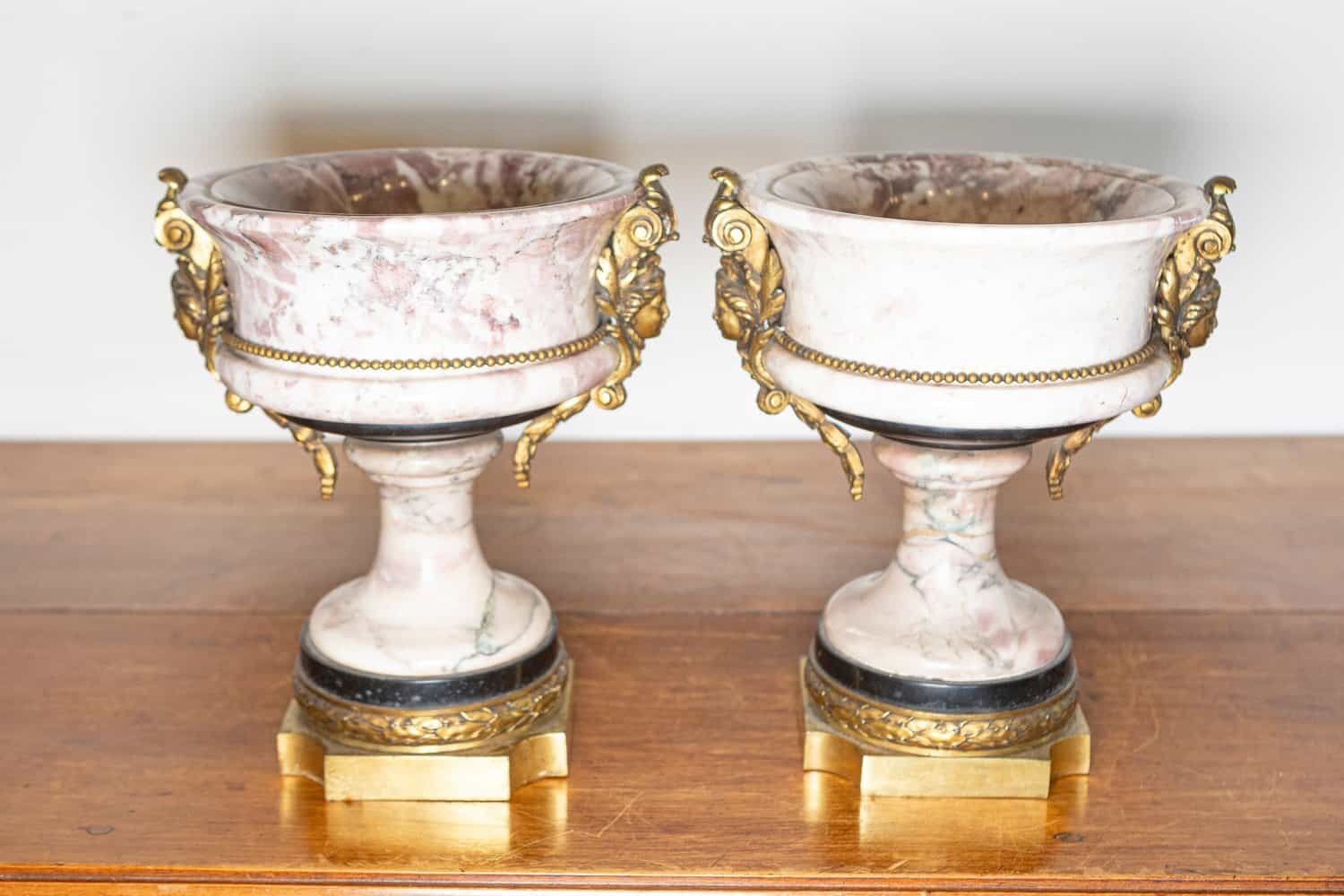 Pair of 19th-Century French Neoclassical Marble and Gilt Bronze Urns - JAA