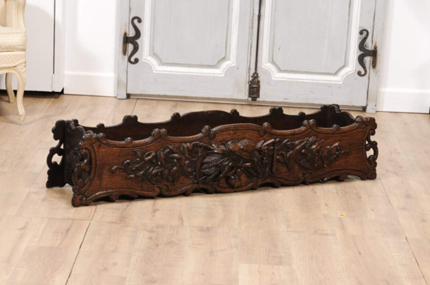 1890s French Oak Planter with Carved Gardening Themed Frieze - JAA