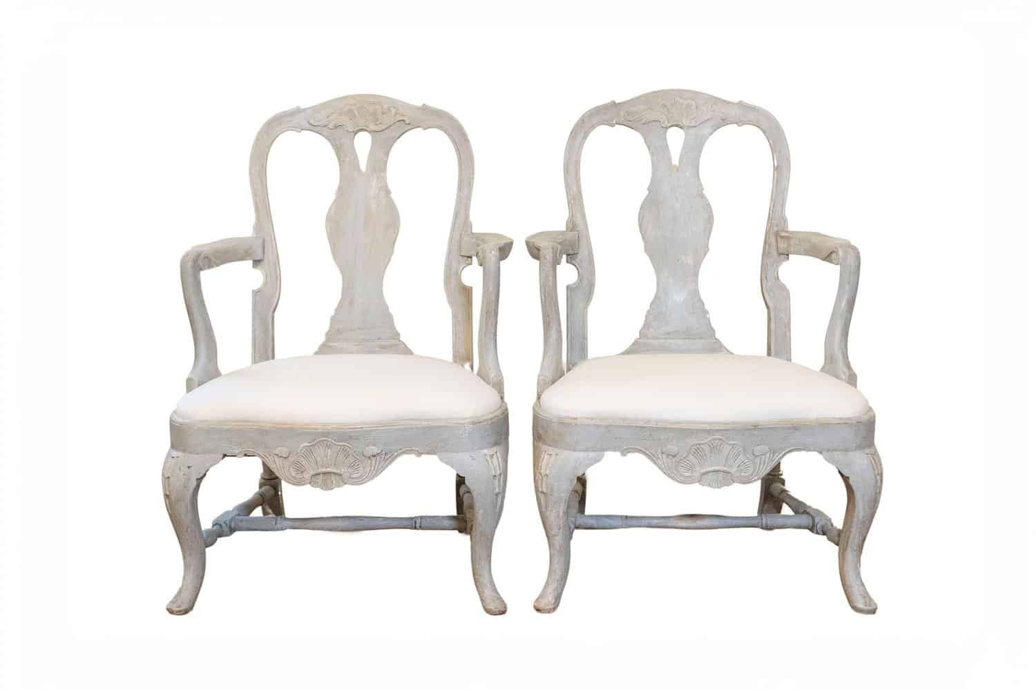 Pair of Swedish Rococo Style 1890s Painted Wood Armchairs - JAA