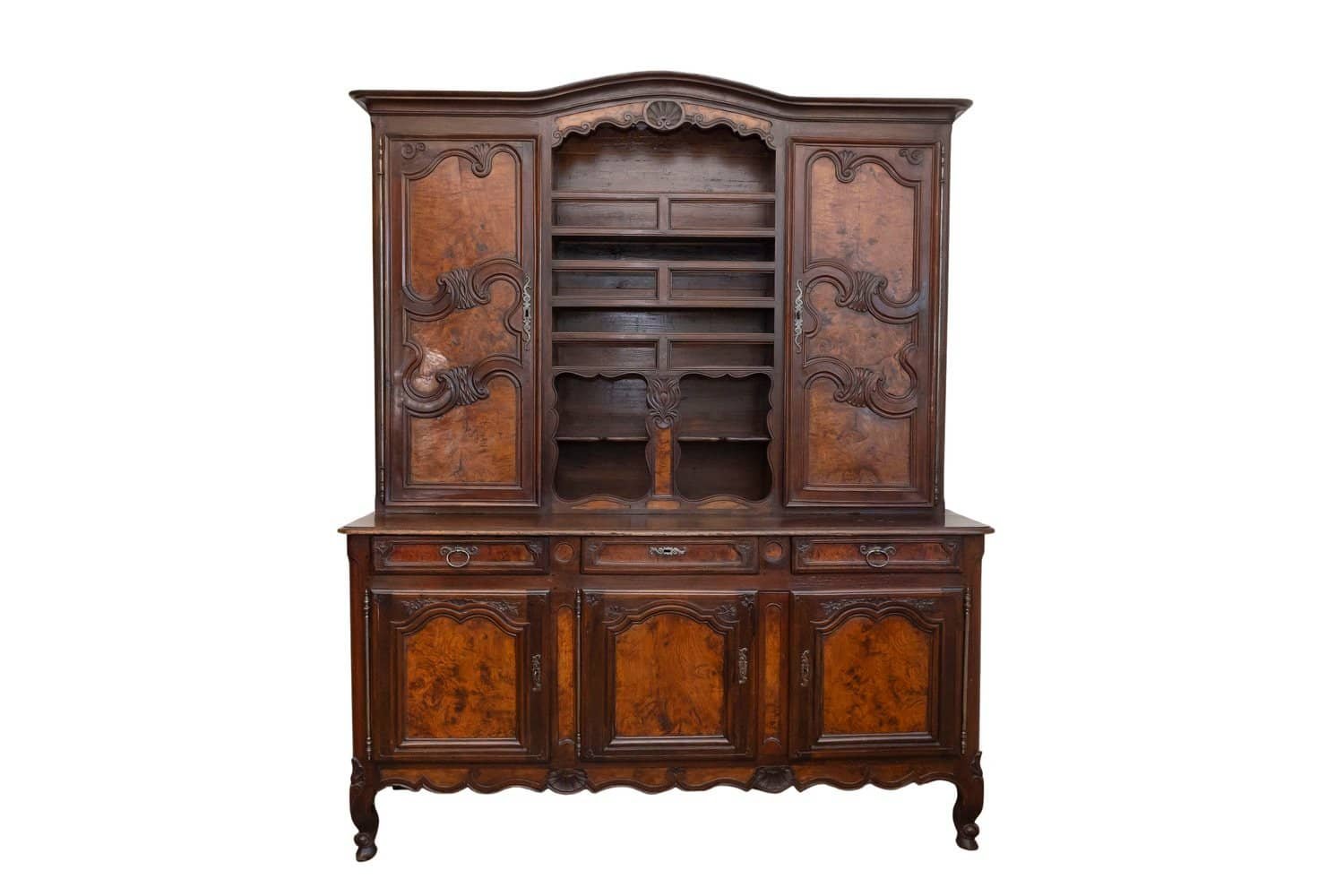 French 1820s Walnut Restoration Vaisselier from Bresse with Burl Wood Panels - JAA