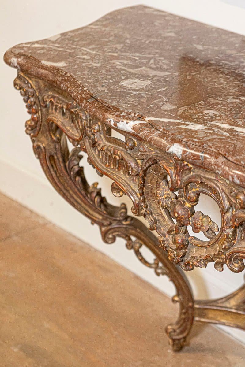 French 1890s Rococo Style Carved Giltwood Console Table with Floral Décor - JAA