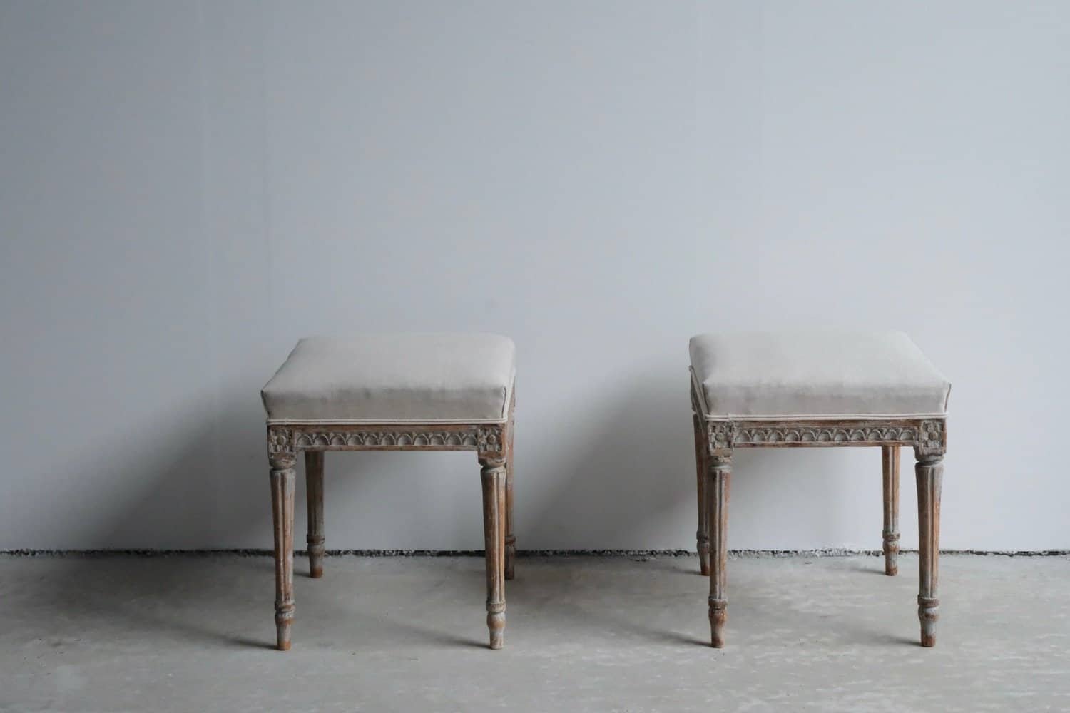Pair of period Gustavian footstools, repainted in soft blue and newly covered in linen - JAA