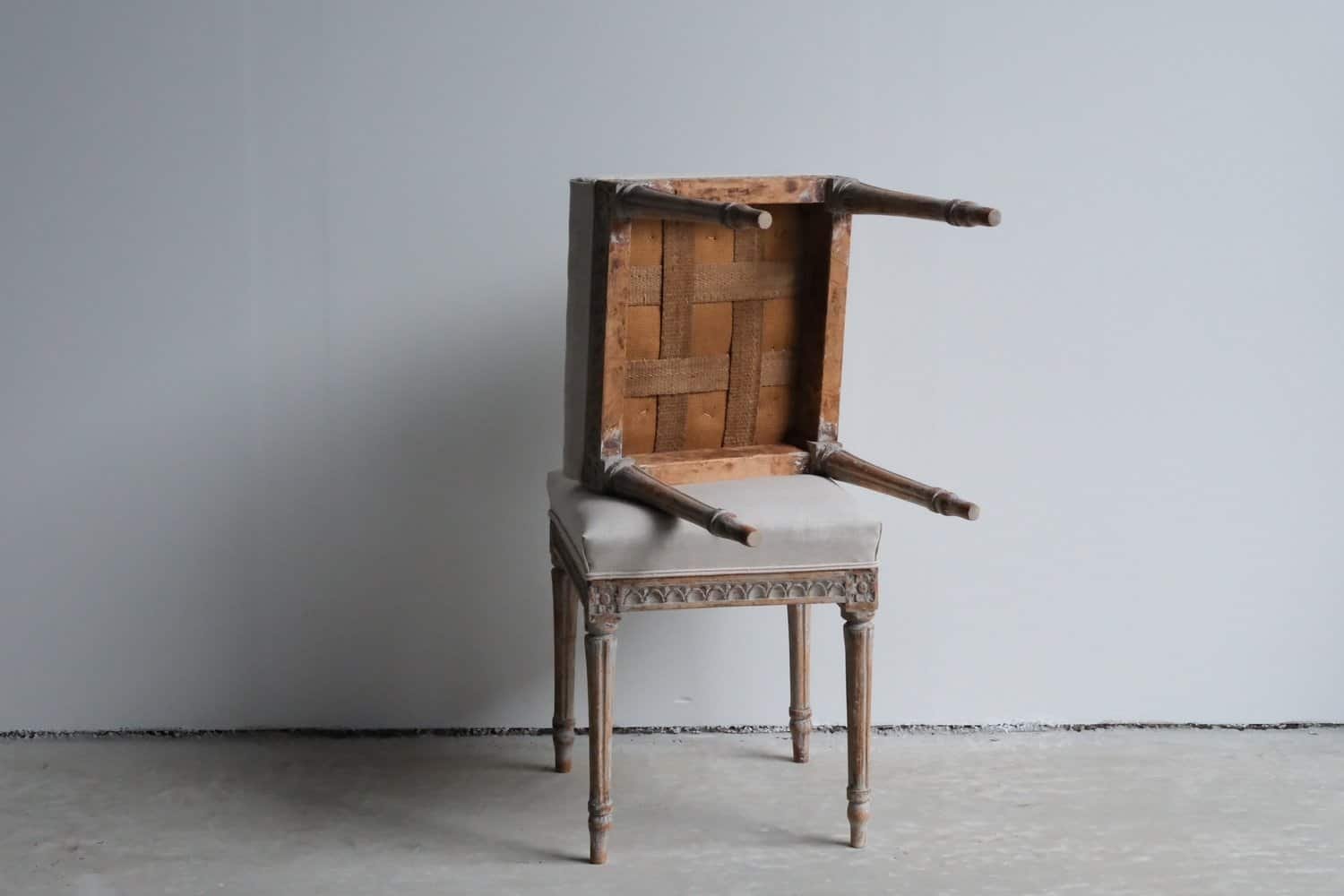 Pair of period Gustavian footstools, repainted in soft blue and newly covered in linen - JAA