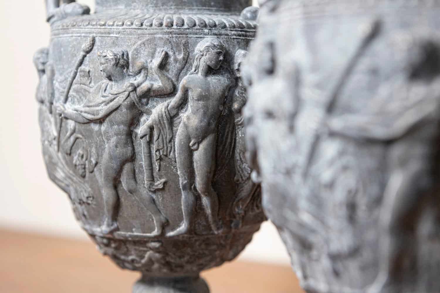 Pair of French Neoclassical 19th Century Baluster Urns with Low-Relief Décor - JAA