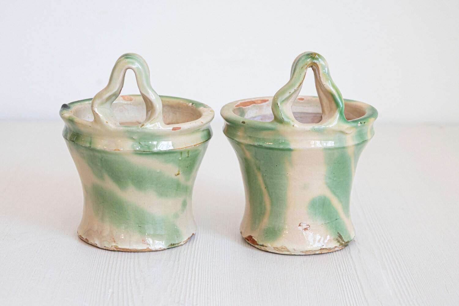 Pair of French 19th Century Green and Yellow Glazed Pottery Hanging Planters - JAA
