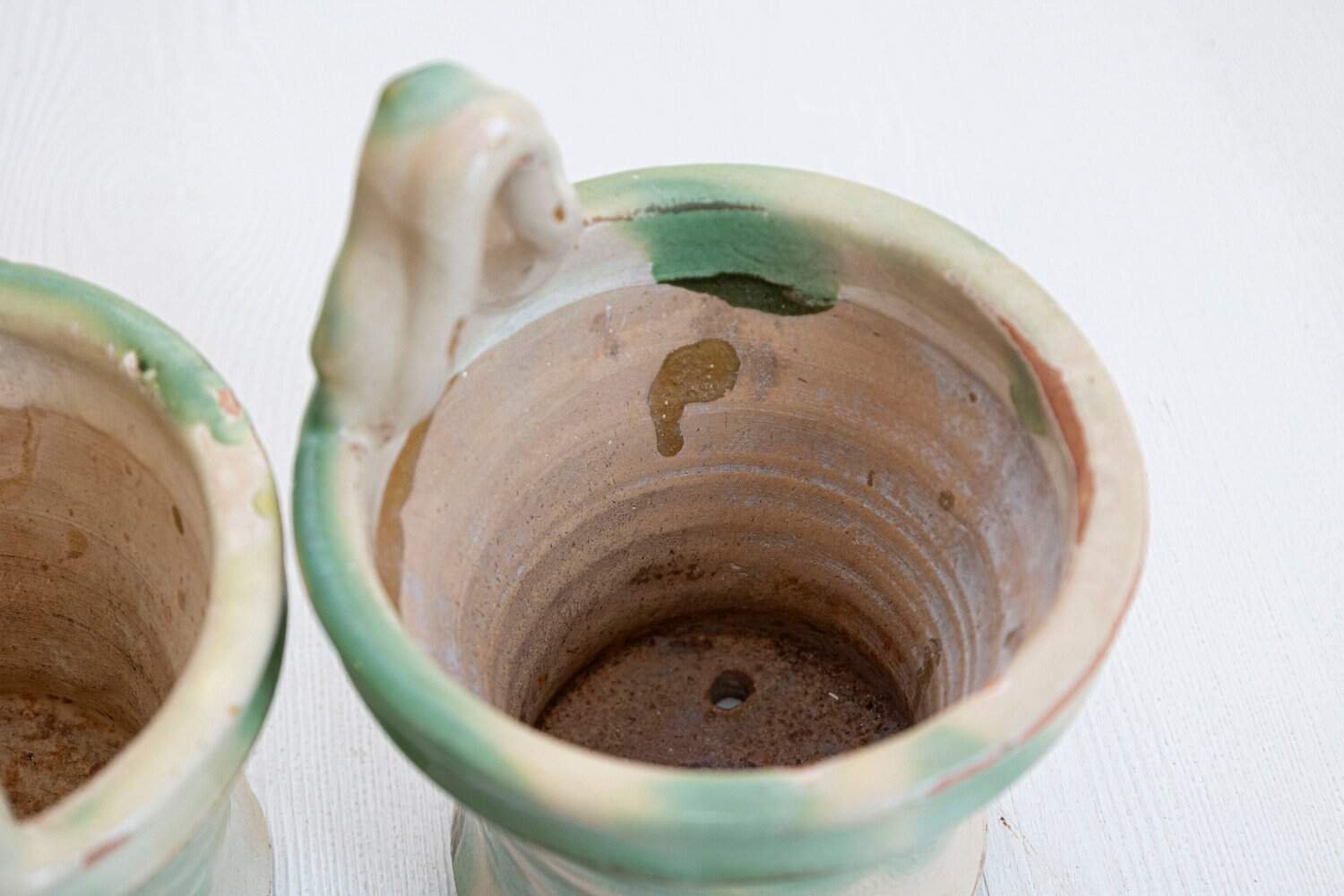 Pair of French 19th Century Green and Yellow Glazed Pottery Hanging Planters - JAA