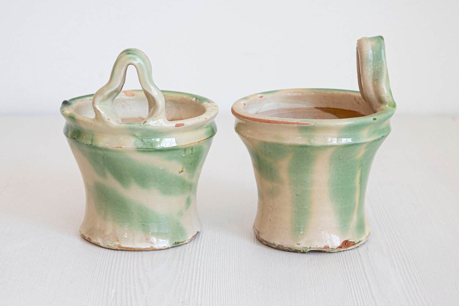 Pair of French 19th Century Green and Yellow Glazed Pottery Hanging Planters - JAA