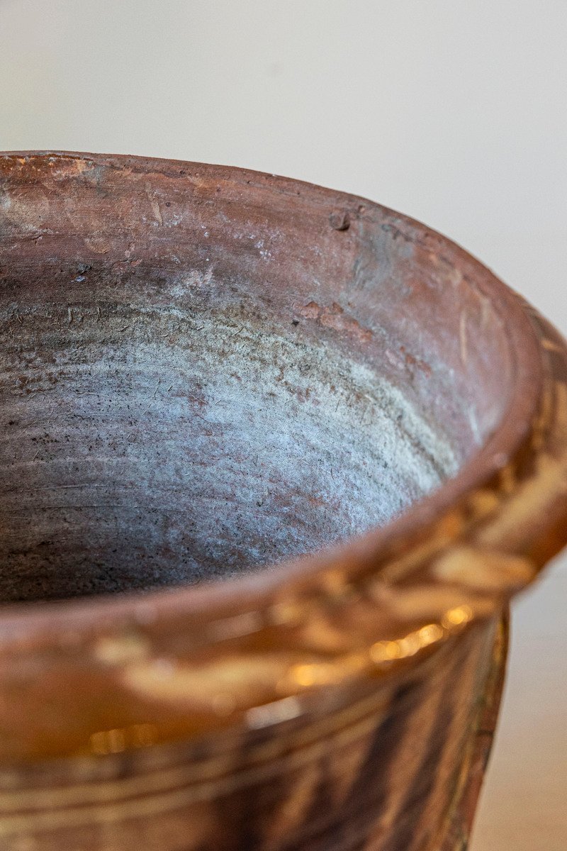 Pair of French 19th Century Anduze Jars with Brown and Green Glaze and Swags - JAA