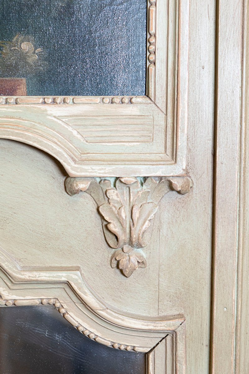 French 1870s Napoléon III Period Painted Trumeau Mirror with Floral Oil Painting - JAA