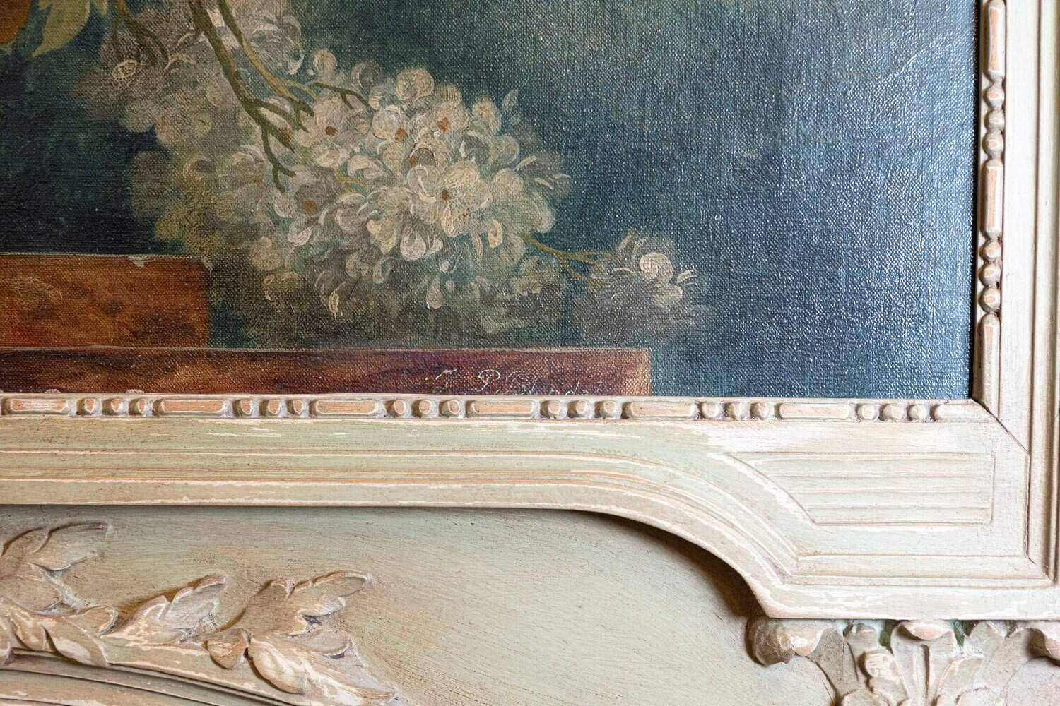 French 1870s Napoléon III Period Painted Trumeau Mirror with Floral Oil Painting - JAA