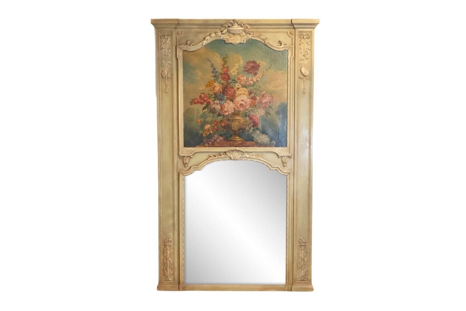 French 1870s Napoléon III Period Painted Trumeau Mirror with Floral Oil Painting - JAA