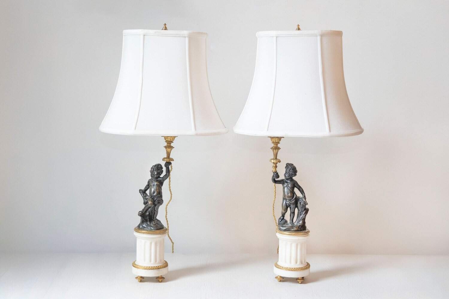 Pair of French 19th Century Neoclassical Style Marble and Bronze Putti Lamps - JAA