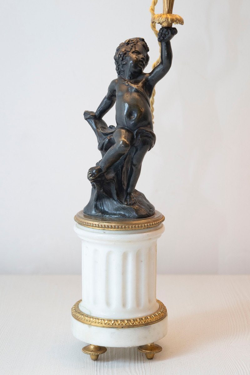 Pair of French 19th Century Neoclassical Style Marble and Bronze Putti Lamps - JAA