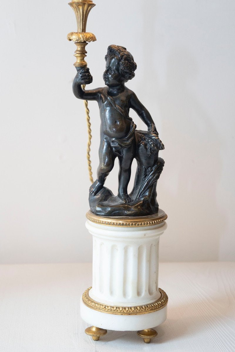 Pair of French 19th Century Neoclassical Style Marble and Bronze Putti Lamps - JAA