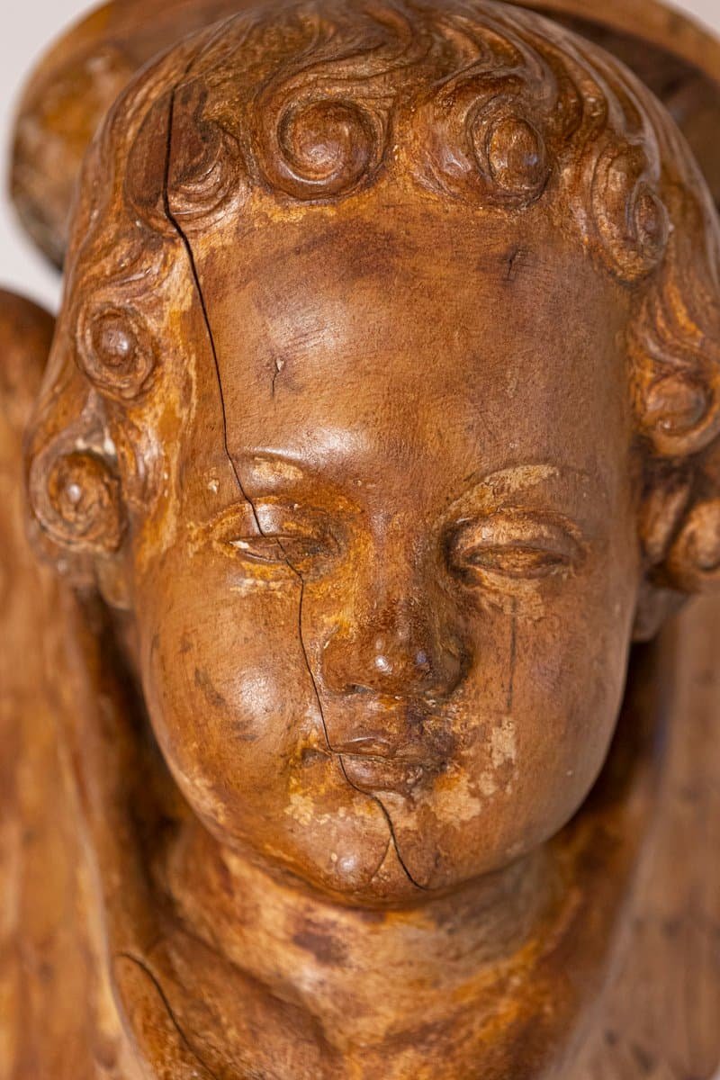 Pair of French 19th Century Wooden Wall Brackets with Carved Cherubs - JAA