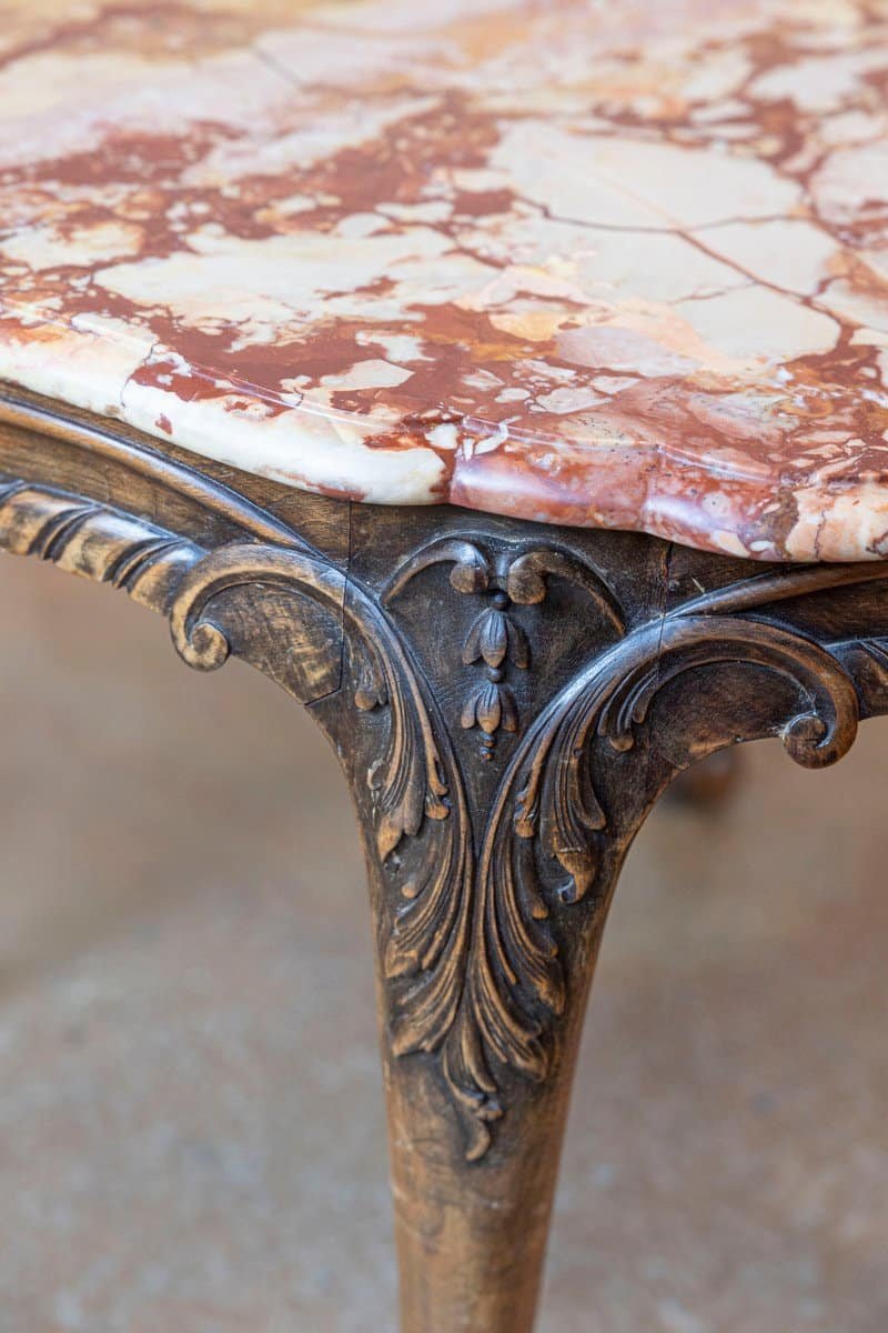French 19th Century Carved Walnut Center Table with Original Variegated Marble - JAA