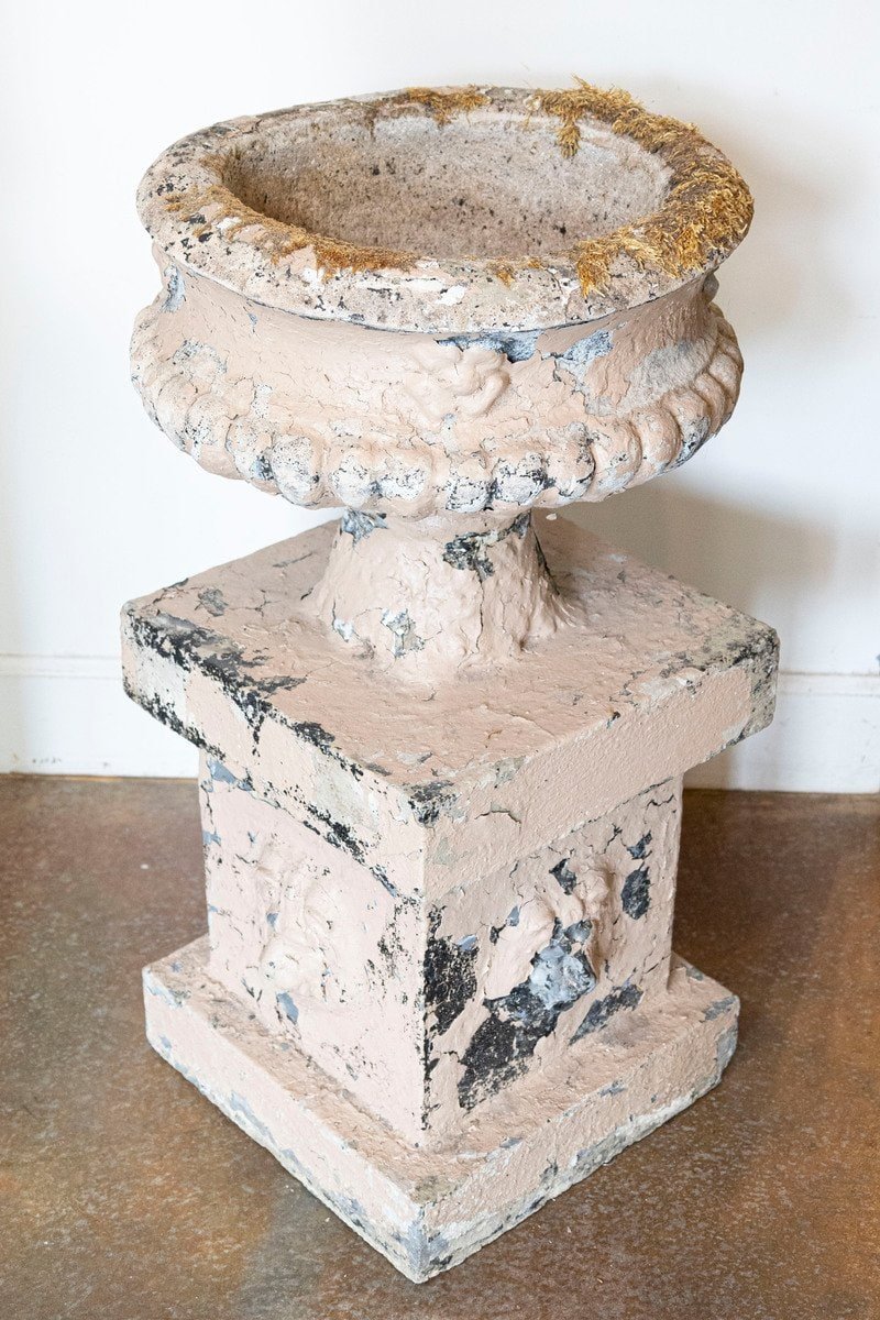 Pair of English Edwardian Period 1900s Reconstituted Stone Urns with Lion Heads - JAA