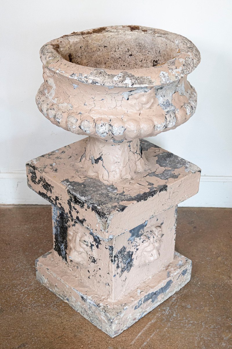 Pair of English Edwardian Period 1900s Reconstituted Stone Urns with Lion Heads - JAA