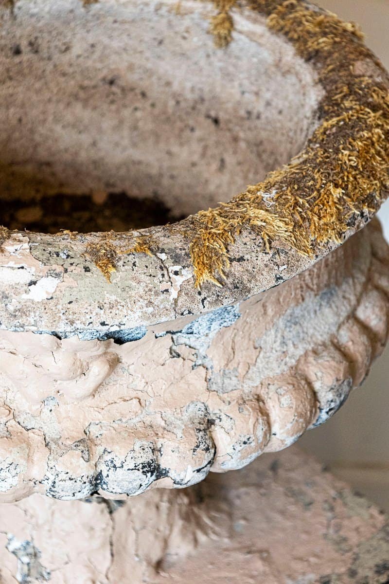 Pair of English Edwardian Period 1900s Reconstituted Stone Urns with Lion Heads - JAA