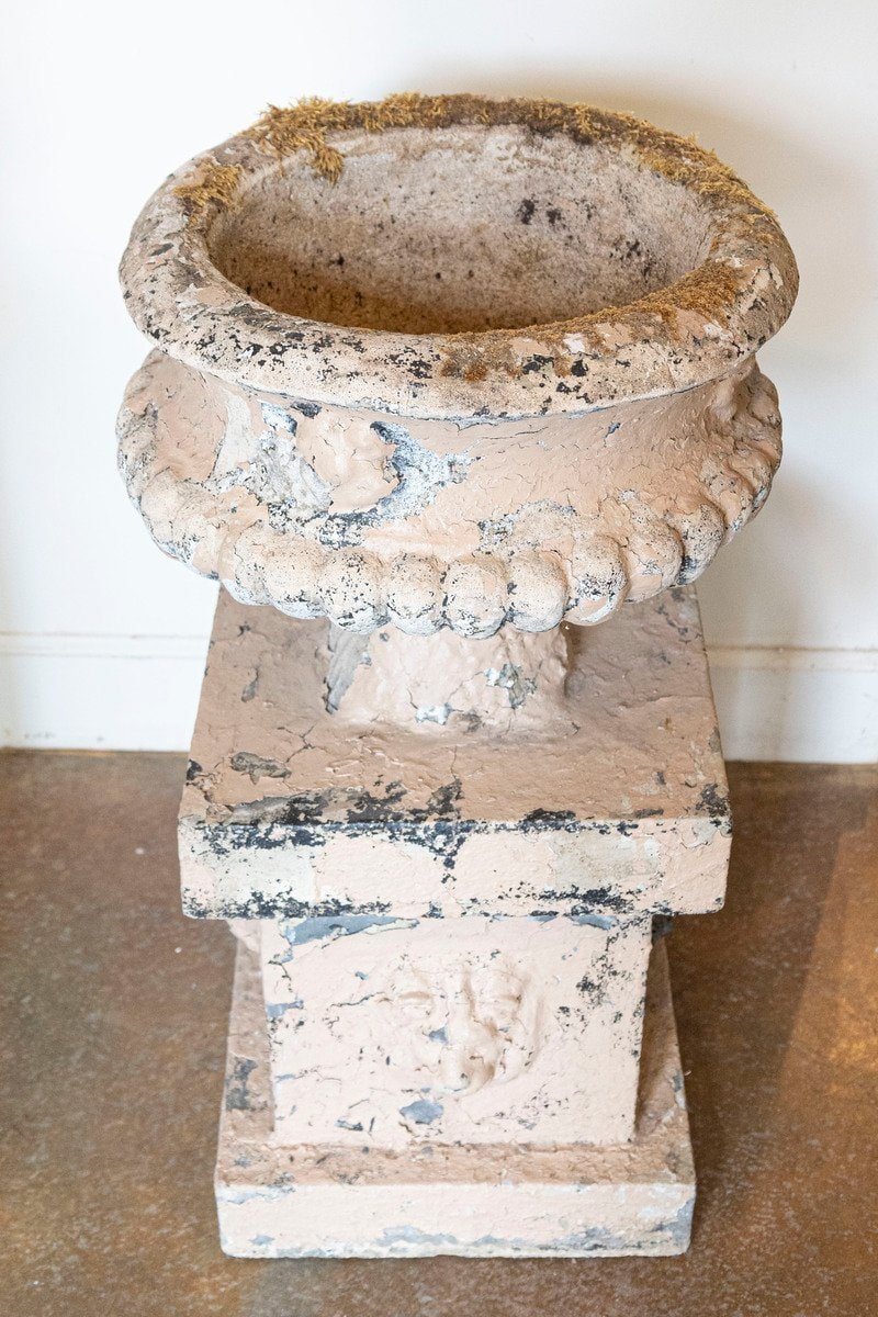 Pair of English Edwardian Period 1900s Reconstituted Stone Urns with Lion Heads - JAA