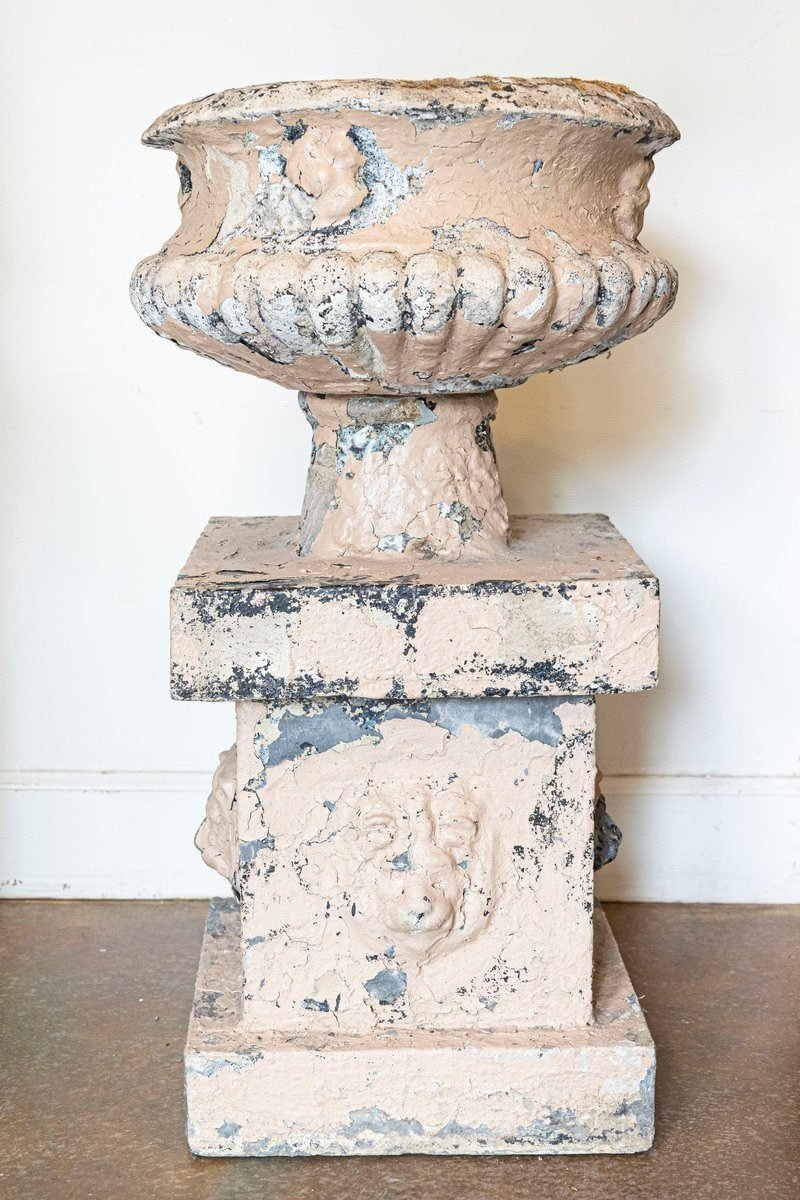 Pair of English Edwardian Period 1900s Reconstituted Stone Urns with Lion Heads - JAA