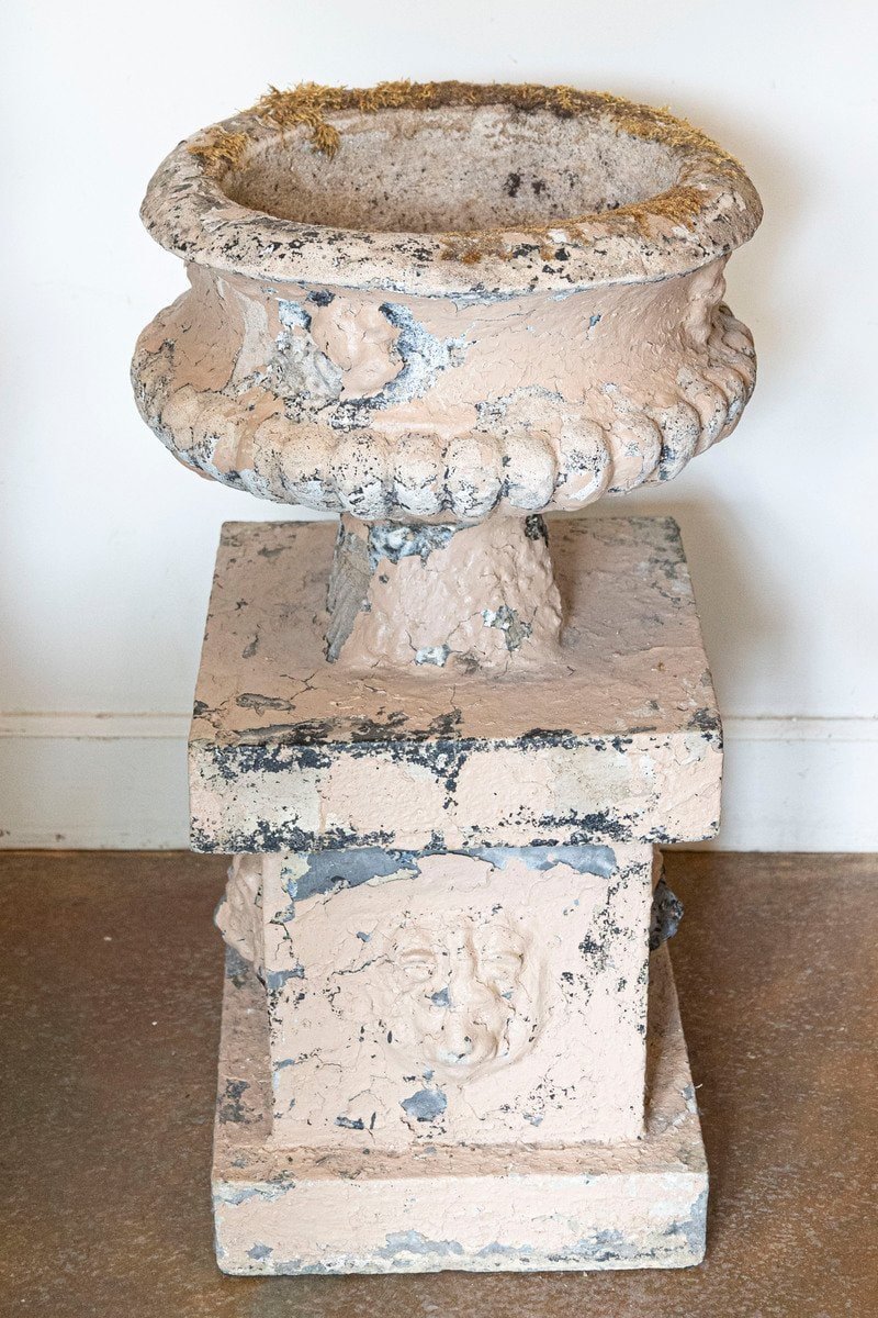 Pair of English Edwardian Period 1900s Reconstituted Stone Urns with Lion Heads - JAA