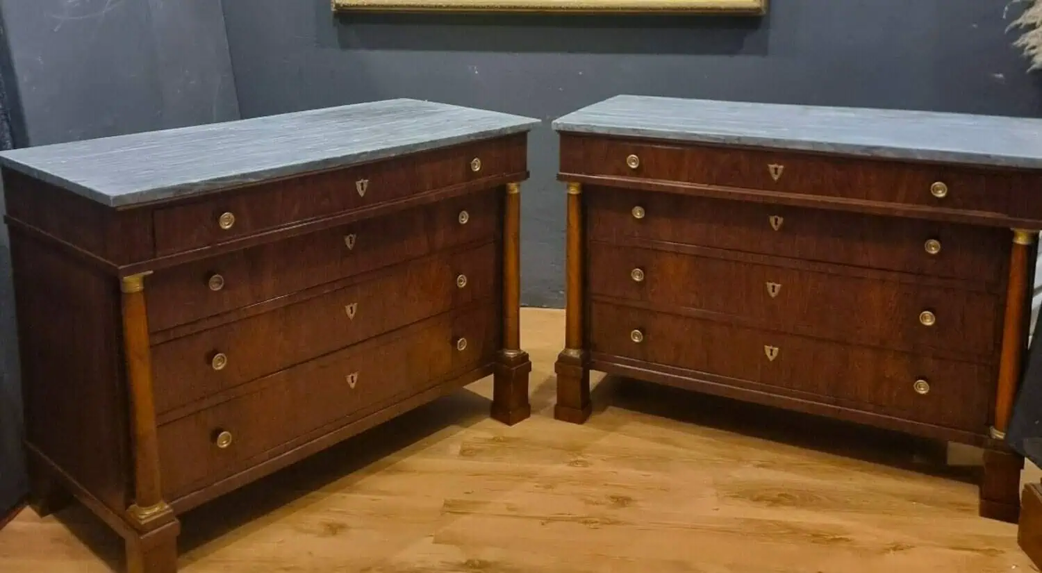 ON HOLD - Pair Of Walnut Empire Chests Of Drawers 1810 With Marble Tops - JAA