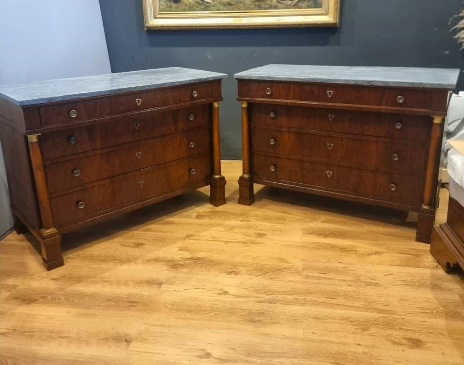 ON HOLD - Pair Of Walnut Empire Chests Of Drawers 1810 With Marble Tops - JAA
