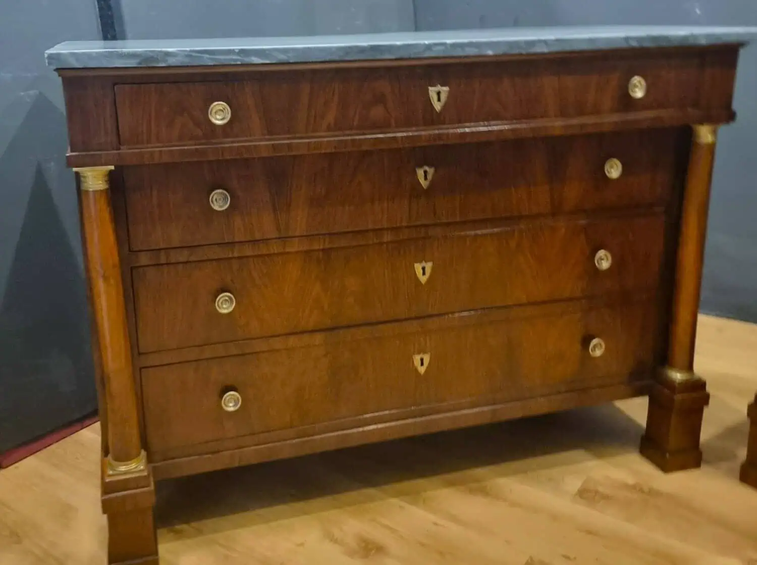 ON HOLD - Pair Of Walnut Empire Chests Of Drawers 1810 With Marble Tops - JAA