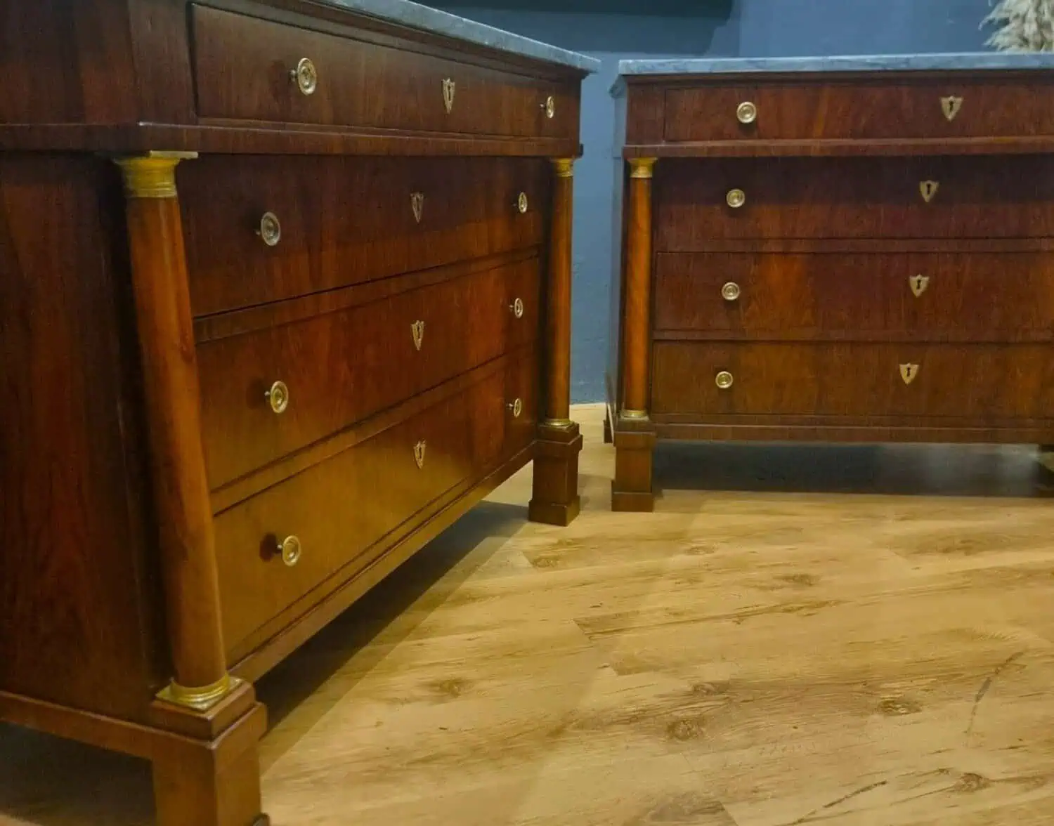ON HOLD - Pair Of Walnut Empire Chests Of Drawers 1810 With Marble Tops - JAA