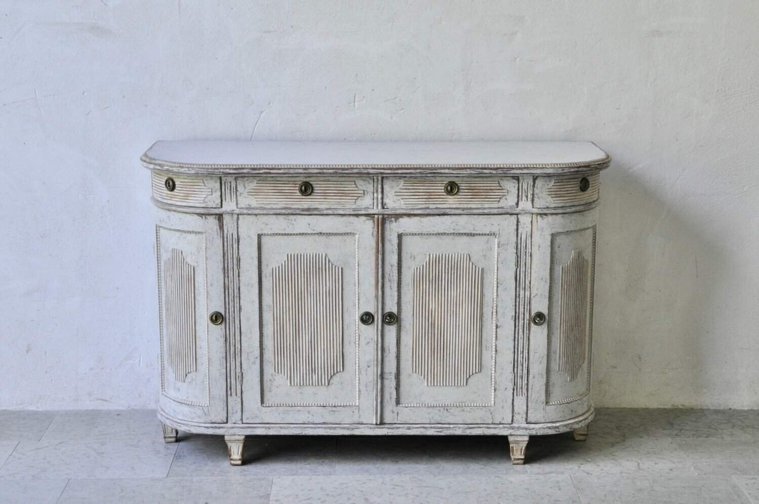 A gustavian style 4 door demi lune buffet, repainted in soft grey - JAA