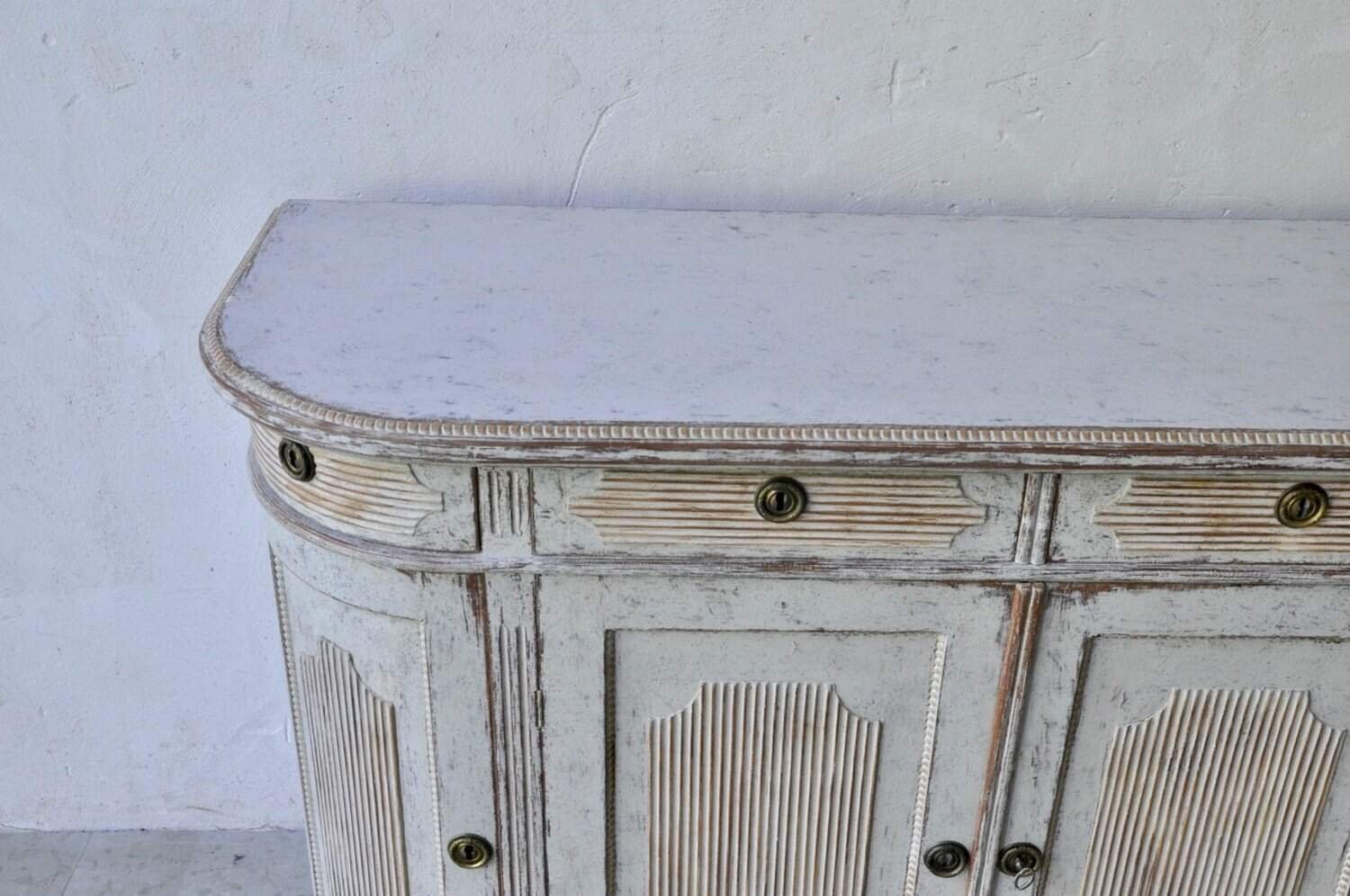 A gustavian style 4 door demi lune buffet, repainted in soft grey - JAA